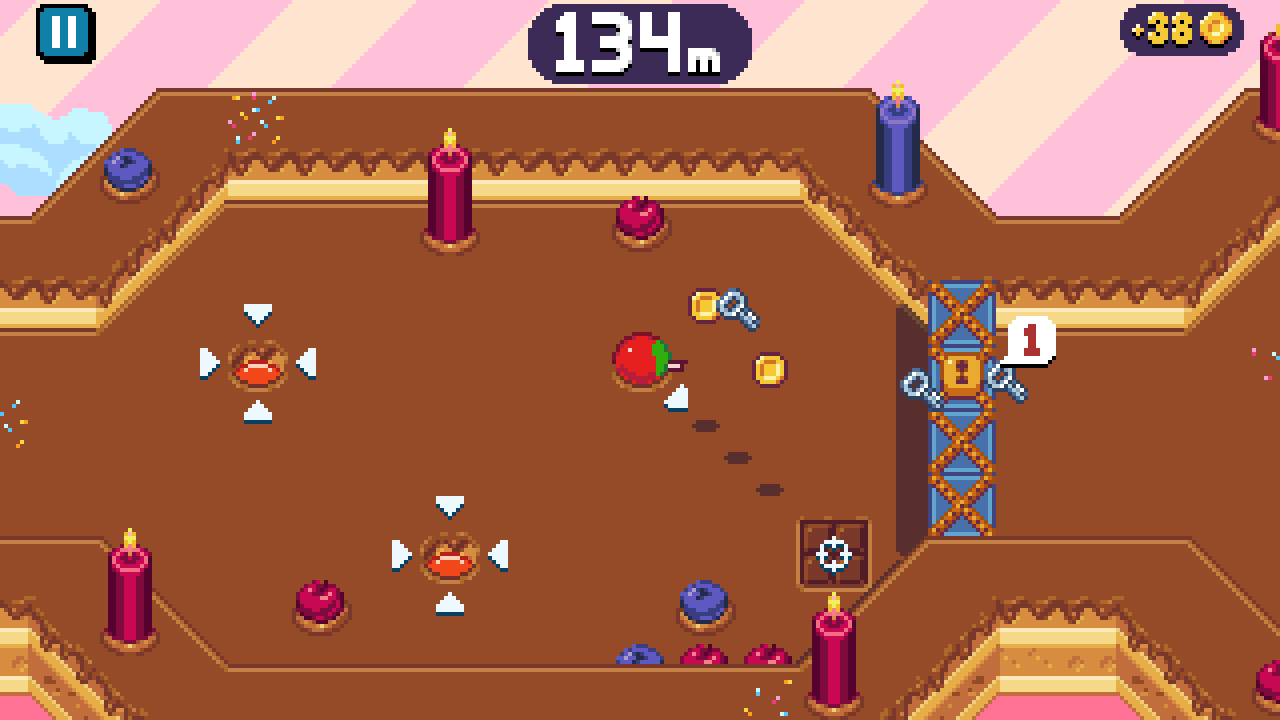 A screenshot of Tumble Rush with a candy apple preparing to be launched by a piston