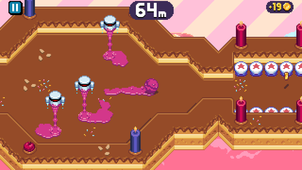 A screenshot of Tumble Rush with a ball coated in pink goo by hovering machines
