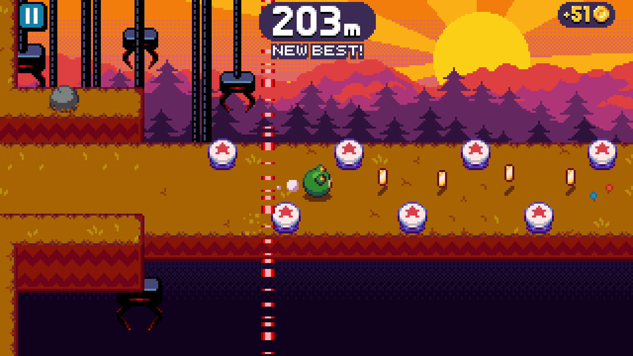 A screenshot of Tumble Rush with a frog about to be caught by claw cranes